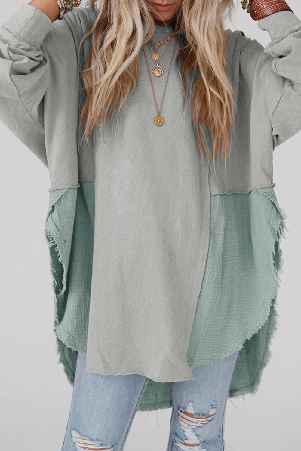 Crinkle Splicing Raw Hem High/Low Oversized Blouse