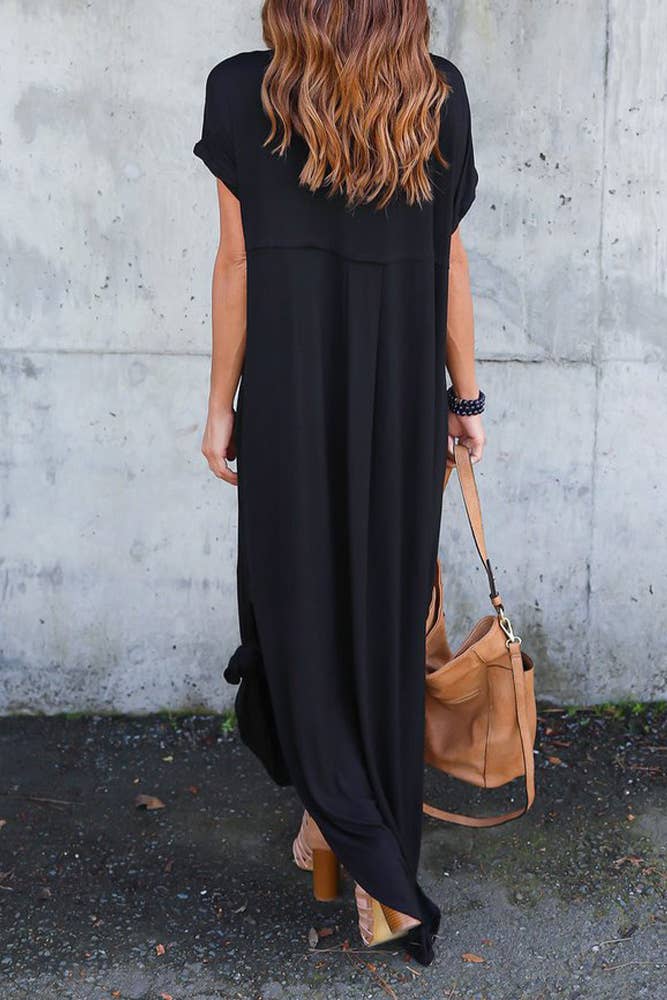 Black V Neck Split Maxi Dress