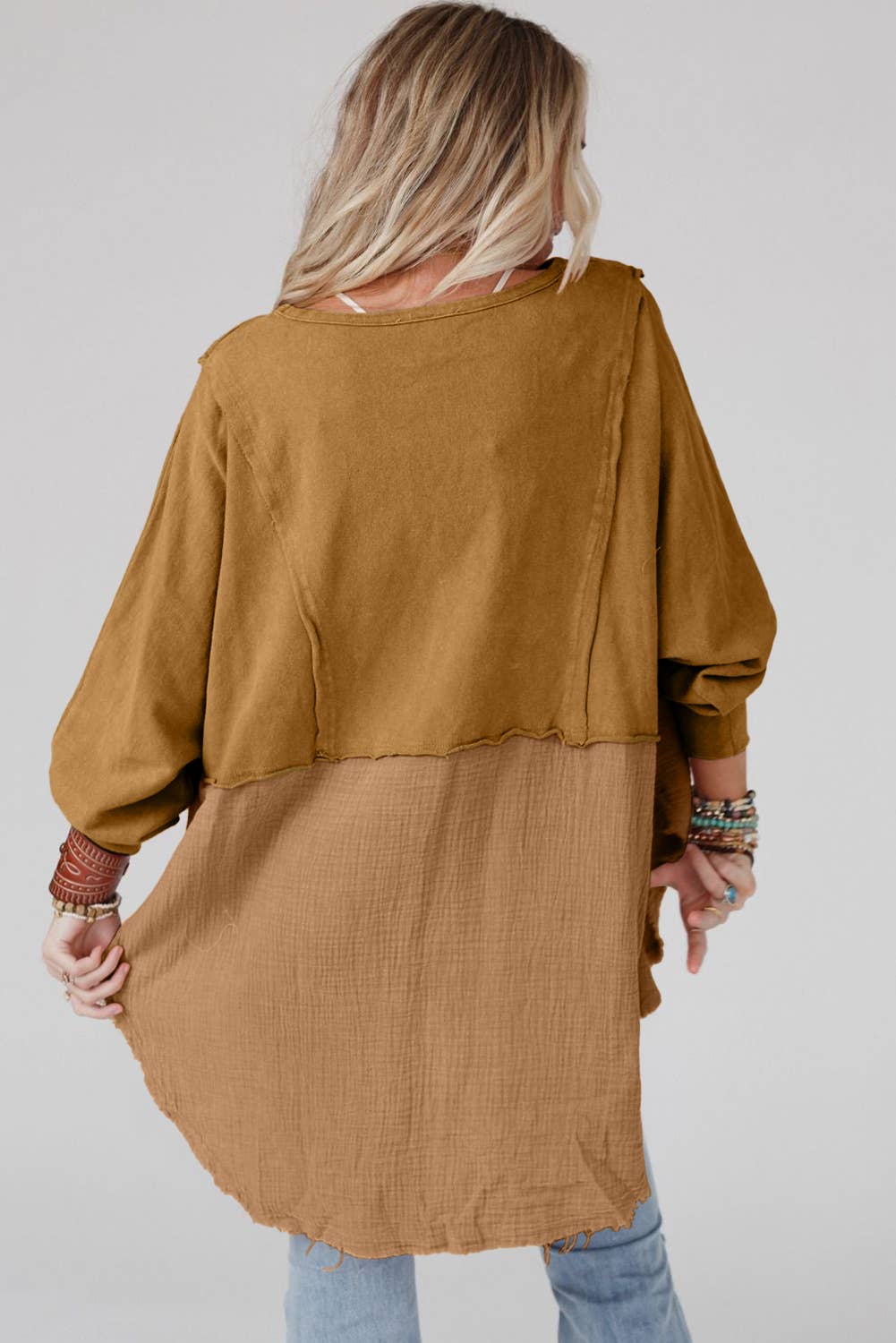 Crinkle Splicing Raw Hem High/Low Oversized Blouse