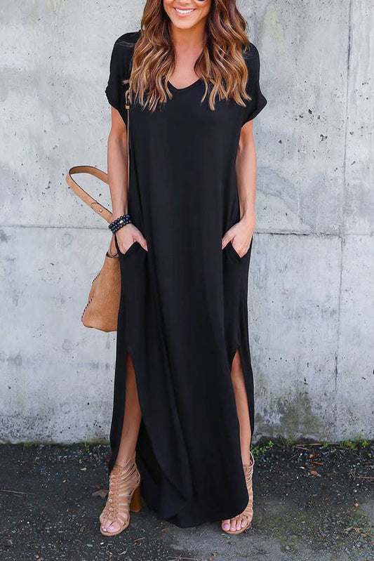 Black V Neck Split Maxi Dress