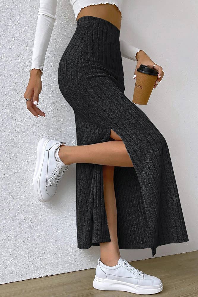 Plain Rib Side Split Maxi Skirt