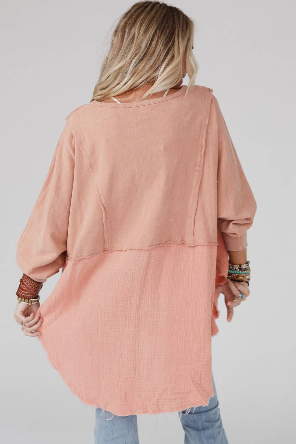 Crinkle Splicing Raw Hem High/Low Oversized Blouse