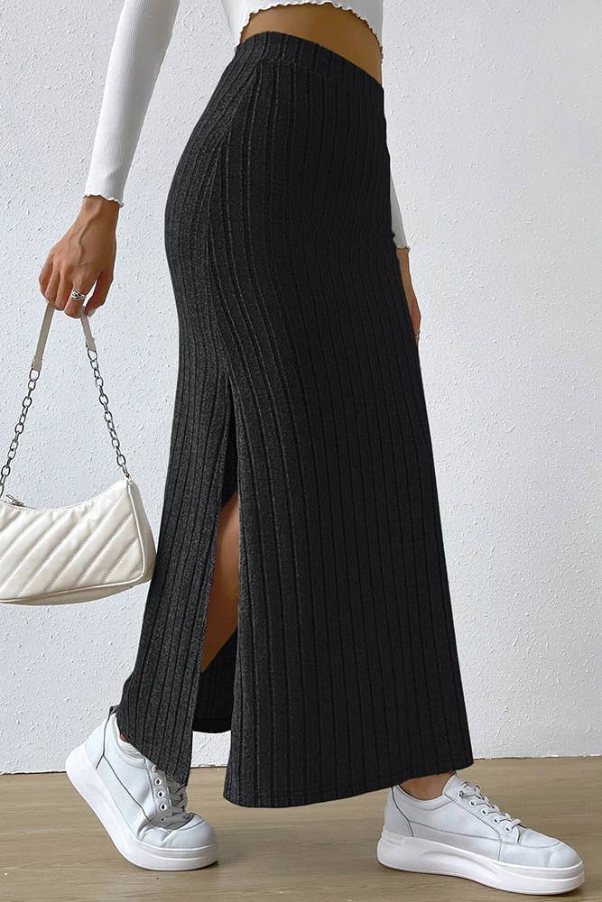 Plain Rib Side Split Maxi Skirt