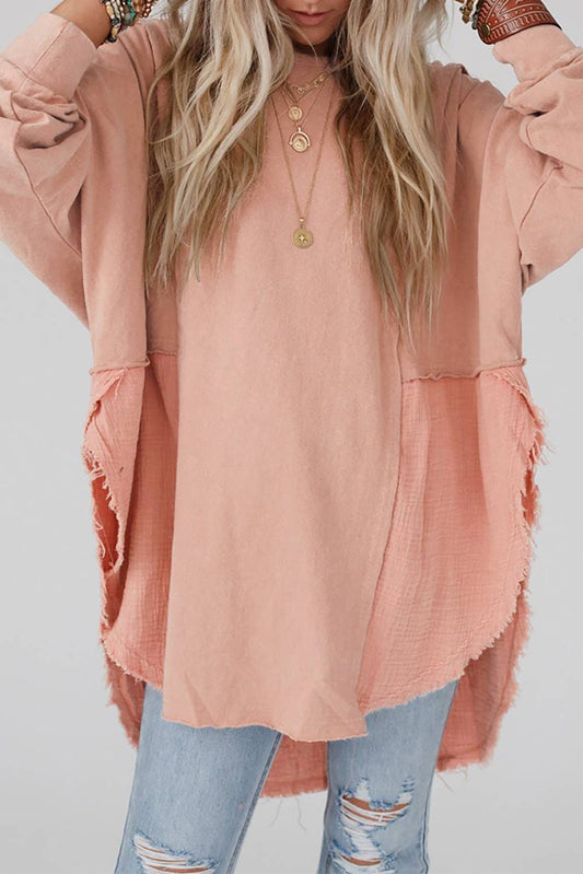 Crinkle Splicing Raw Hem High/Low Oversized Blouse