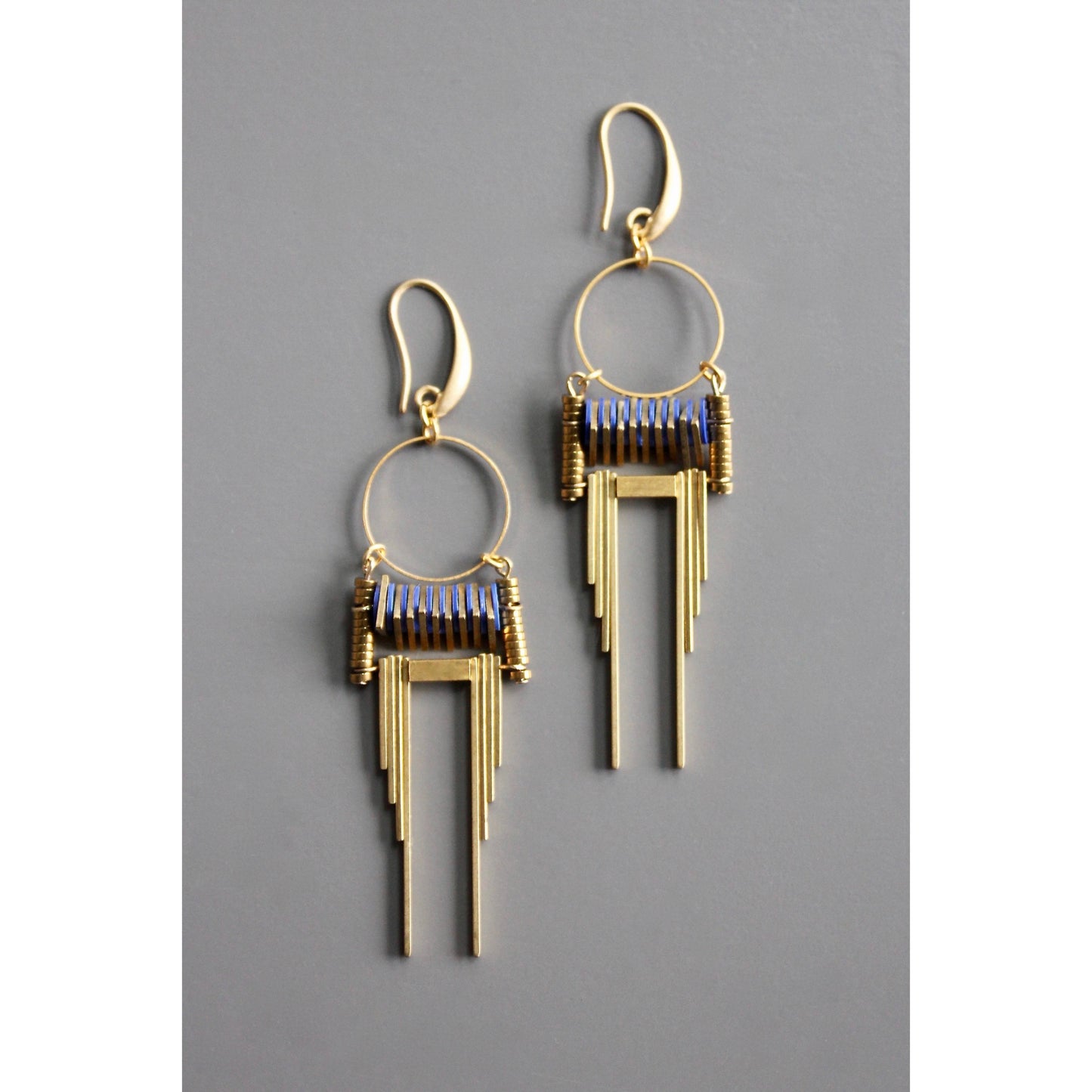 Art Deco blue and brass earrings