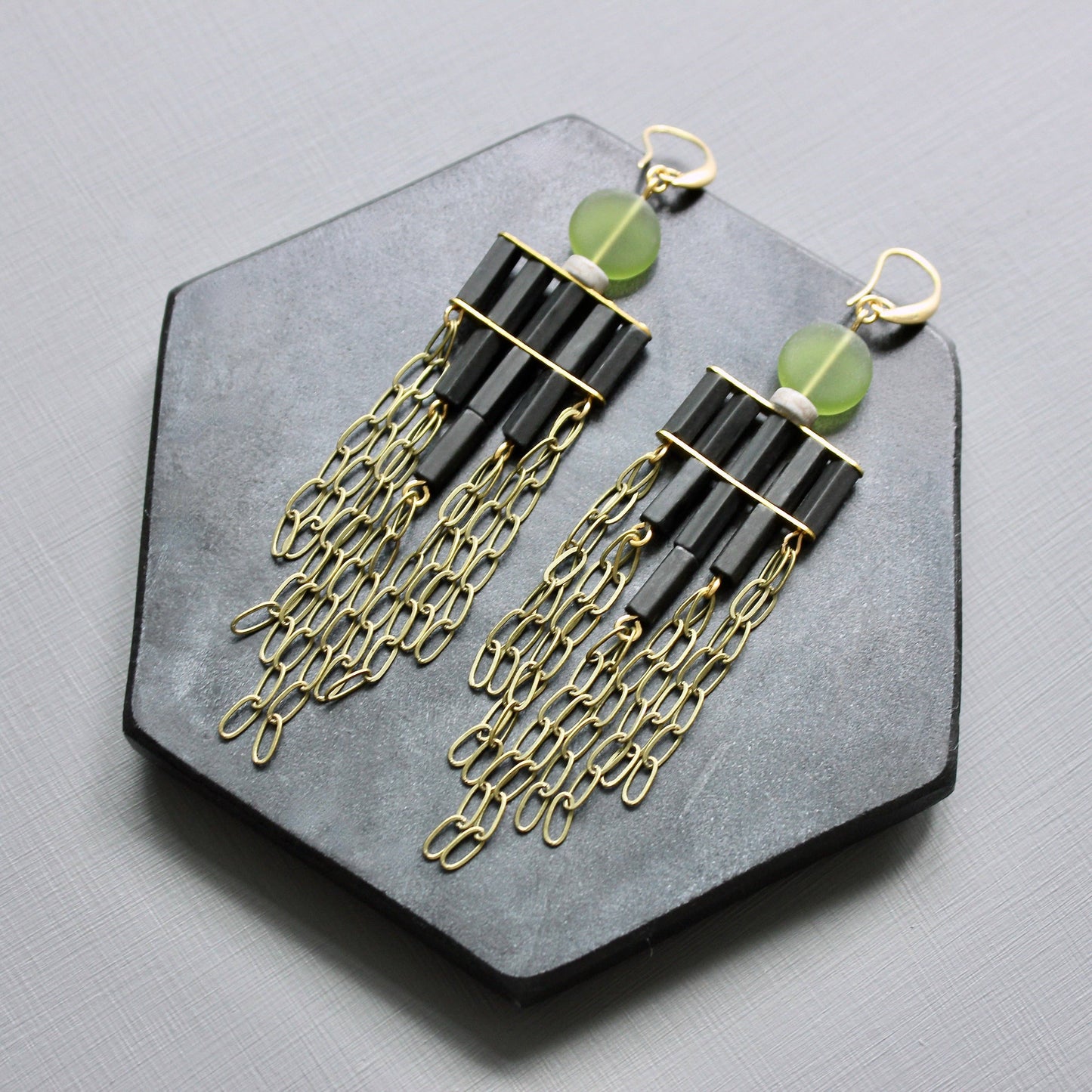 Olivine and Black Shoulder Duster Earrings