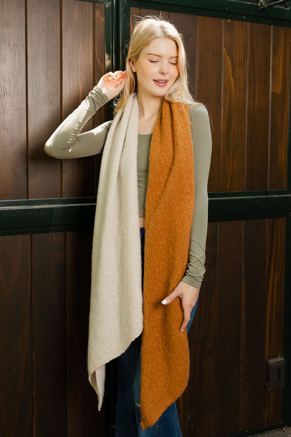 Cozy Colorblock Scarf - Ivory/Camel